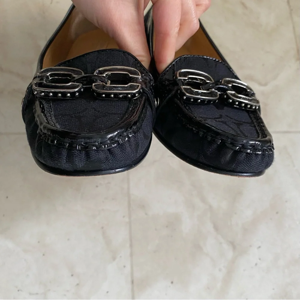 Coach Ella Signature Black Patent Leather Monogram Logo Flats Loafers Size 6B